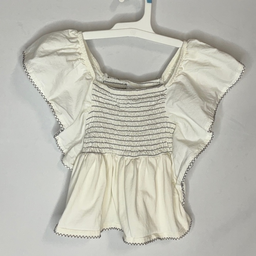 Zara Cream Smocked Peplum Blouse with Flutter Sleeves Girls Size 6-7